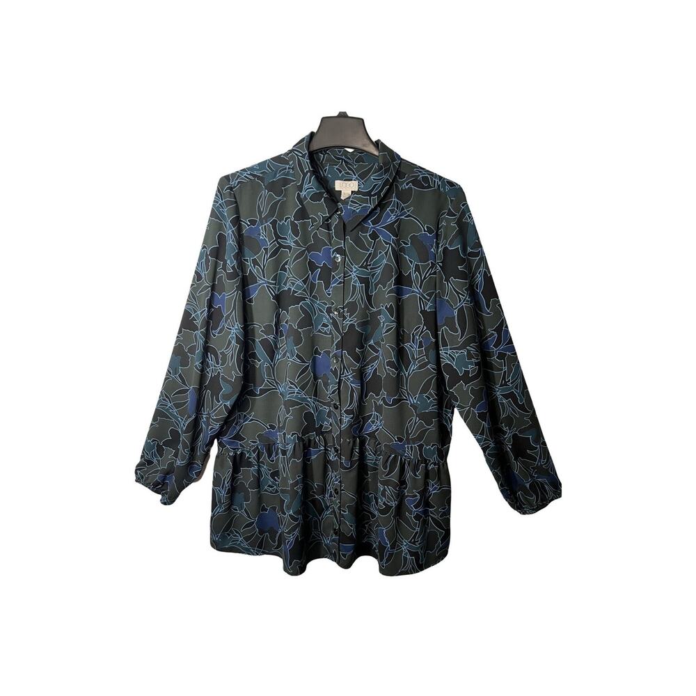 Lori Goldstein Blouse Womens Size L Blue Button Up Relaxed Fit Long Sleeve